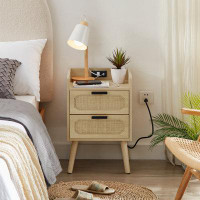 Rosecliff Heights Rattan Nightstand With Socket Side Table Natural Handmade Rattan, Set Of 1 Or 2