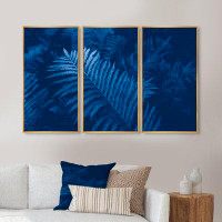 Bay Isle Home™ Blue Macro Of Tropical Fern Plant Shrub Leaves - Tropical Framed Canvas Wall Art Set Of 3