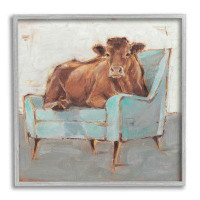 Stupell Industries Brown Bull On A Blue Couch Neutral Colour Painting