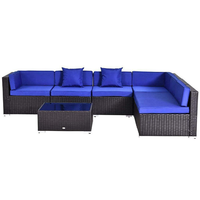 7 pcs Rattan Furniture Set w/ Side Table Lounge Sofa Cushion Blue / sectional backyard patio furniture in Patio & Garden Furniture in Toronto (GTA) - Image 3