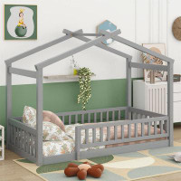 Harper Orchard Twin Size Wood Bed House Bed Frame With Fence, For Kids, Teens, Girls, Boys