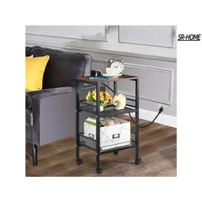 SR-HOME 3-Tier Tall End Table, Sofa Side Table With Charging Station & USB Ports, Narrow Nightstand End Table, Bedside T