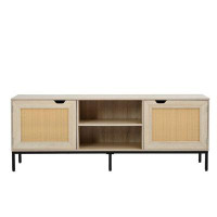 Ebern Designs Rattan TV Stand, Rustic TV Console Table With 2 Rattan Doors