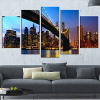 Made in Canada - Design Art 'Manhattan City with Bridge Under Blue Sky' 5 Piece Photographic Print on Wrapped Canvas Set