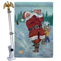 Breeze Decor Snow Golfing Santa - Impressions Decorative Aluminum Pole & Bracket House Flag Set HS114121-BO-02