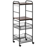 4 TIER ROLLING KITCHEN CART, UTILITY AND INDUSTRIAL STORAGE CART WITH 2 BASKET DRAWERS, SIDE HOOKS FOR DINING ROOM, WALN
