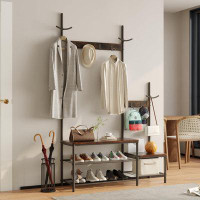 17 Stories 1+1 Hall Tree Entryway Bench With Coat Rack, Wood And Metal Coat Rack With Shoe Bench, Storage Shelf Organize