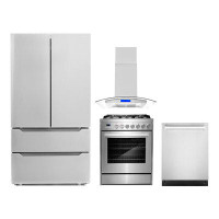 Cosmo 4 Piece Kitchen Package With 30" Freestanding Gas Range 30" Island Range Hood 24" Built-in Fully Integrated Dishwa