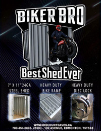 BIKER BRO - Motorcycle and Tool Steel Container – 7’ X 11' foot steel shed, deluxe bike ramp and disc lock.
