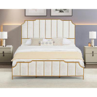 House of Hampton Velvet White King Upholstered Bed Frame With High Headboard & Wood Slats