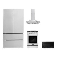 Cosmo 4 Piece Kitchen Package 24" Freestanding Gas Rang 24" Wall Mount Range Hood 30" Over-the-range Microwave & Energy
