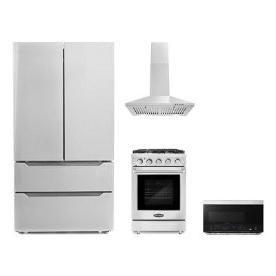 Cosmo 4 Piece Kitchen Package 24" Freestanding Gas Rang 24" Wall Mount Range Hood 30" Over-the-range Microwave & Energy  in Refrigerators