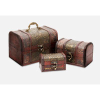 Alcott Hill Set Of 3 Small Wooden Treasure Chest Boxes With Flower Motif For Keepsakes