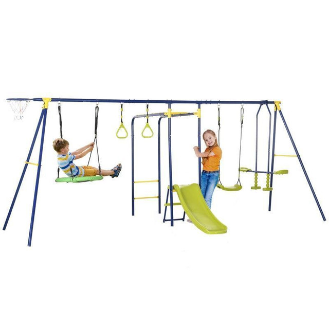 METAL SWING SET FOR BACKYARD WITH SAUCER SWING, GLIDER, SLIDE, GYM RINGS, BASKETBALL HOOP in Toys & Games