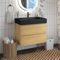Ebern Designs 30 In. W X 18 In. D X 25 In. H Floating Bath Vanity In Oak With Black Solid Surface Top