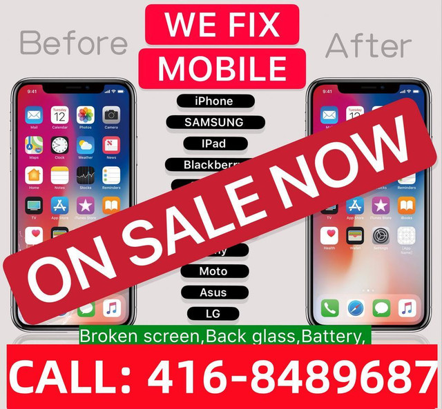 ( ON SALE ) iPhone+Samsung+iPad+iWatch+Google+Motorola Broken screen, Broken LCD, battery, charging issue, back glass in Cell Phone Services in Mississauga / Peel Region