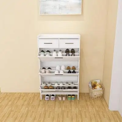 Hokku Designs PVC Surface Shaker Shape Door Shoe Rack 3 Doors Shoe Cabinet With 2 Drawers With Open Space For Shoes