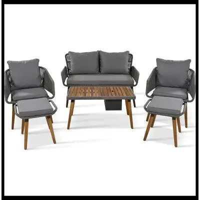 Corrigan Studio 6-Piece Rope Patio Furniture Set, Outdoor Furniture with Acacia Wood Cool Bar Table