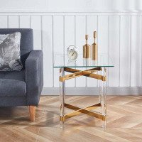 Everly Quinn Stainless Steel With Acrylic Frame Clear Glass Top End Table