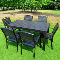 Wildon Home® Outdoor Black Plastic Wood Table And Chairs_59.06 x 31.5 x 29.13_Rectangular_1 dining table, 6 chairs with