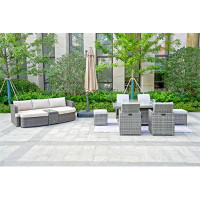 Moda Furnishings Threatte Gas Fire Pit Dining Table Set,  4 Chairs, 2 Ottomans And A Lounge Sofa Set