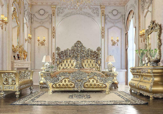 Holiday Sale Seville E-King Bed- Tan PU  Gold Finish - Hollow Carving &amp; Padded Headboard ( Bed Only, 3, 4 or 5 Pi ) in Beds & Mattresses - Image 2