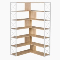 Latitude Run® 7-Tier Bookcase Home Office Bookshelf, L-Shaped Corner Bookcase with Metal Frame
