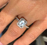 Natural Diamonds and and Natural Aquamarine in White Gold Ring (size 5-6) with Beautiful Halo Design