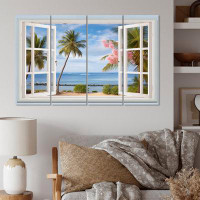 Highland Dunes Oceanview Through Open White Window III - Coastal Wall Art Living Room - 4 Panels