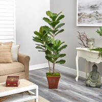 Primrue 5.5Ft. Fiddle Leaf Artificial Tree In Brown Planter UV Resistant (Indoor/Outdoor)