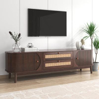 George Oliver Rattan Tv Stand For Tvs Up To 75'', Modern Farmhouse Media Console, Solid Wood Legs, Tv Cabinet For Living