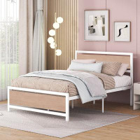 17 Stories Queen Size Metal Platform Bed With Wooden Headboard And Footboard