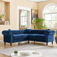 Rosdorf Park MH 80" Deep Button Tufted Upholstered Roll Arm Luxury Classic Chesterfield L-Shaped Sofa 3 Pillows Included