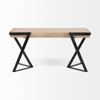 HomeRoots Solid Mango Wood Finish Writing Desk With Single Storage And Black Triangular Iron Legs