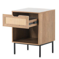 17 Stories Nightstand Storage End Table With Rattan Door, Open Storage & Solid Metal Legs, Small Bedside Tables Mid Cent