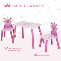 3-PIECE SET KIDS WOODEN TABLE CHAIR WITH CROWN PATTERN EASY TO CLEAN GIFT FOR GIRLS TODDLERS AGE 2-4 YEARS OLD PINK