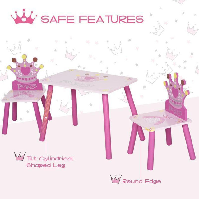 3-PIECE SET KIDS WOODEN TABLE CHAIR WITH CROWN PATTERN EASY TO CLEAN GIFT FOR GIRLS TODDLERS AGE 2-4 YEARS OLD PINK in Toys & Games