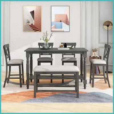 Gracie Oaks Retro 6-Piece Counter Height Dining Table Set Table With Shelf