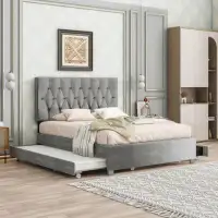 Latitude Run® GRAY QUEEN SIZE TRUNDLE PULL OUT DRAWERS STORAGE UPHOLSTERED BED MODERN DESIGN NO BOX SPRING REQUIRED