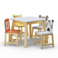 Indigo Safari 5 Piece Kiddy Table And Chair Set , Kids Wood Table With 4 Chairs Set Cartoon Animals (Bigger Table) (3-8