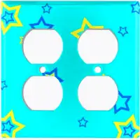 WorldAcc Metal Light Switch Plate Outlet Cover (Teal Yellow Star  - Double Duplex)