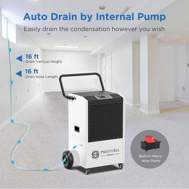 Moiswell 240 Pints Commercial Dehumidifier with Pump and Drain Hose for Basements and Large Spaces up to 8,500 Sq Ft in Other Business & Industrial in Ontario - Image 3