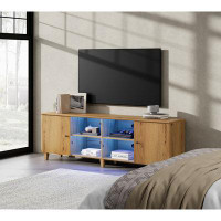 Ivy Bronx TV Stand For 75+ Inch TV, 70 Inch Mid-Century Modern Wood Entertainment Centre With Door And Blue LED Light, O