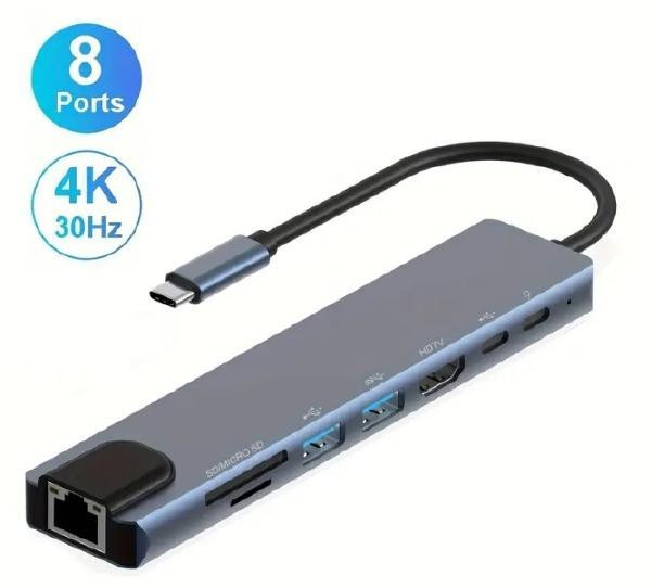 8-in1 USB Hub - USB 3.1 Type-C/USB-C with HDMI, Lan, Card Reader, USB and Type C Ports - Grey in Cables & Connectors - Image 2