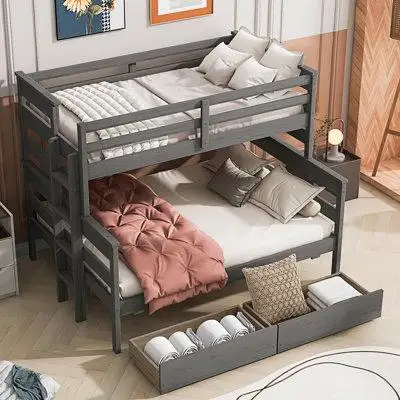 Harriet Bee Wood Twin Over Full Bunk Bed With 2 Drawers