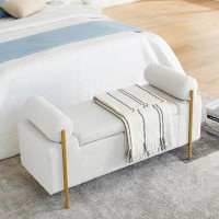 Ivy Bronx Elegant Upholstered Velvet Storage Bench With Cylindrical Arms And Iron Legs For Hallway Living Room Bedroom