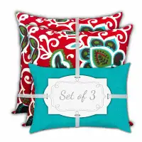 HomeRoots Set Of Three 18" X 18" Turquoise And Green Blown Seam Floral Throw Indoor Outdoor Pillow