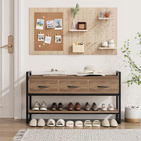 Rubbermaid Shoe Bench, 39.4” Shoe Storage Bench With Cushion, Industrial Shoe Rack Organizer With Fabric Drawers Entrywa