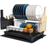 A Home Dish Drainers With Auto-Draining Tray, 304 Stainless Steel Large 2 Tier Dishes Rack, Silver