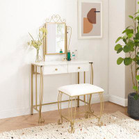 House of Hampton Class Traditional Upholstered Vanity Table with Upholstered Seat,Dressing Table Set with 2 Drawers